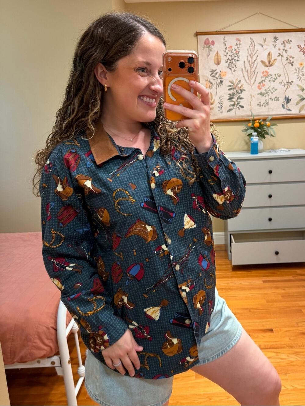 Vintage Rhythm Blue Cotton Teal Multicolor Horse Race Button Front Top Large